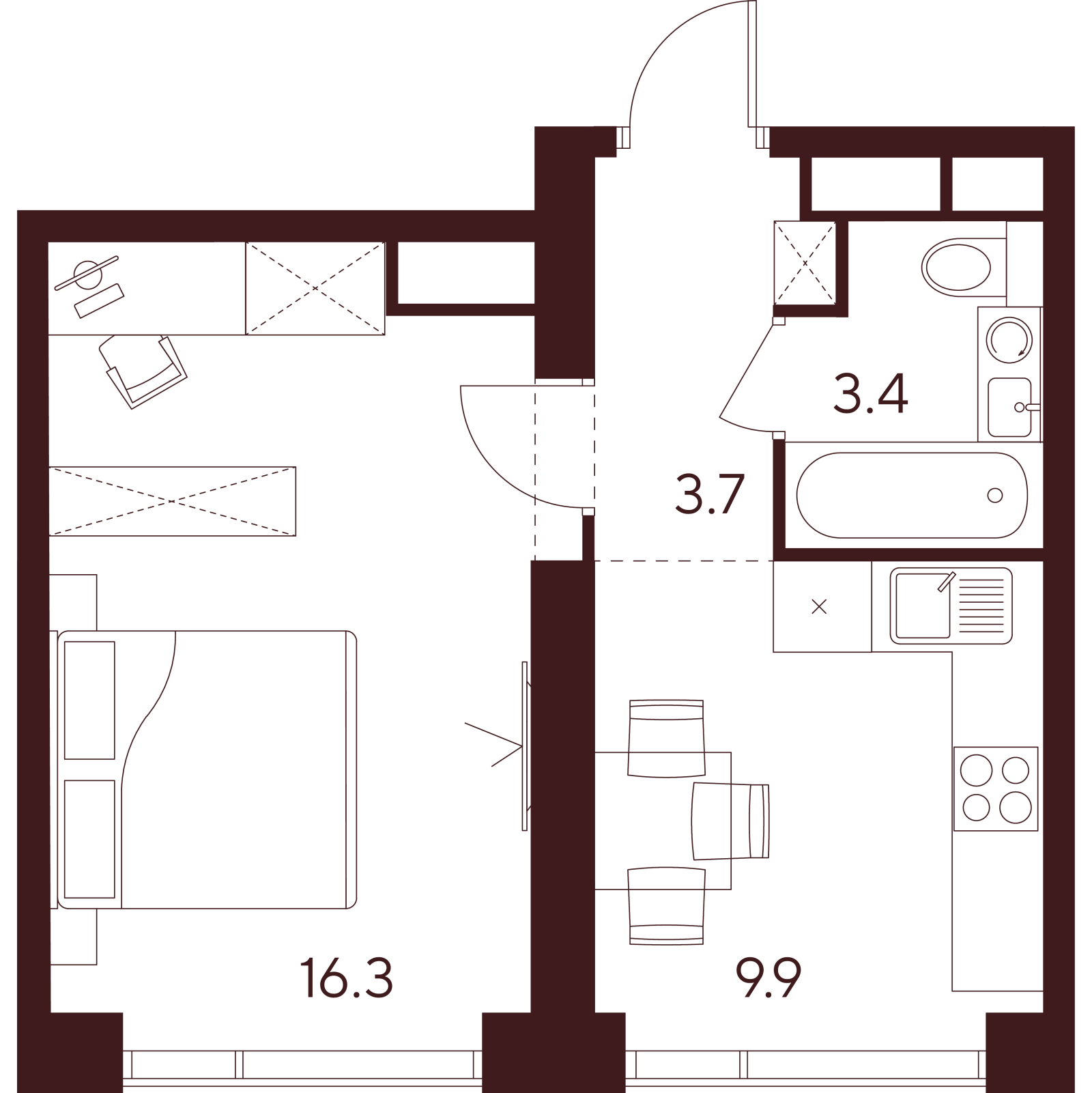 Планировка: 1-комнатная квартира, 33,3 м²