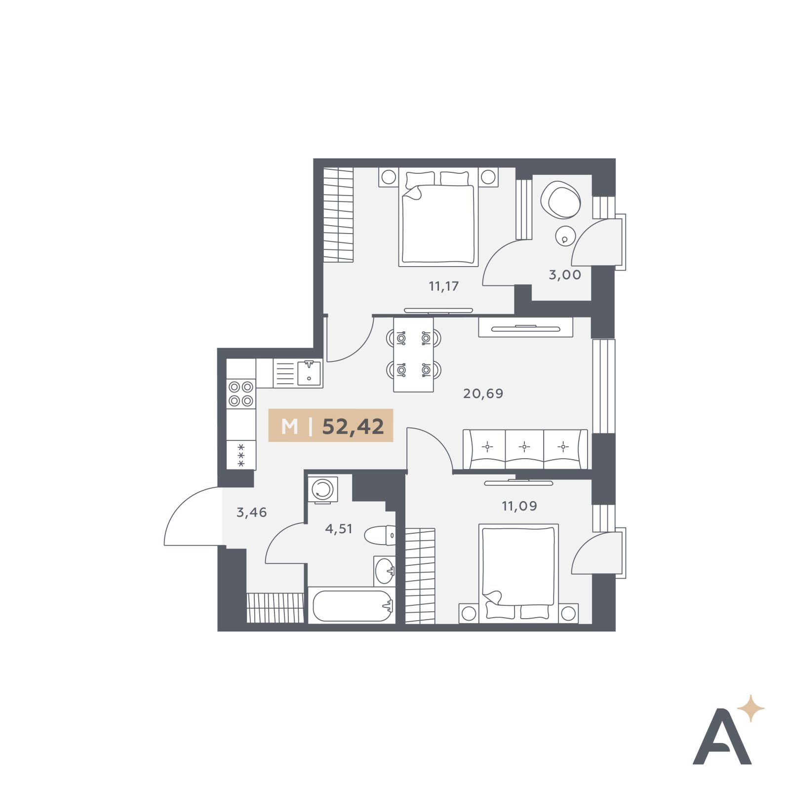 Планировка: 3-комнатная квартира, 52,4 м²