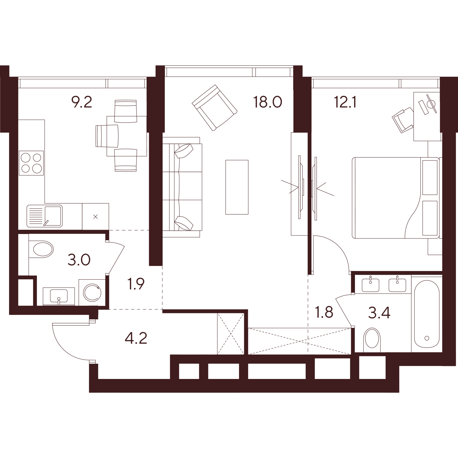 Планировка: 2-комнатная квартира, 53,6 м²