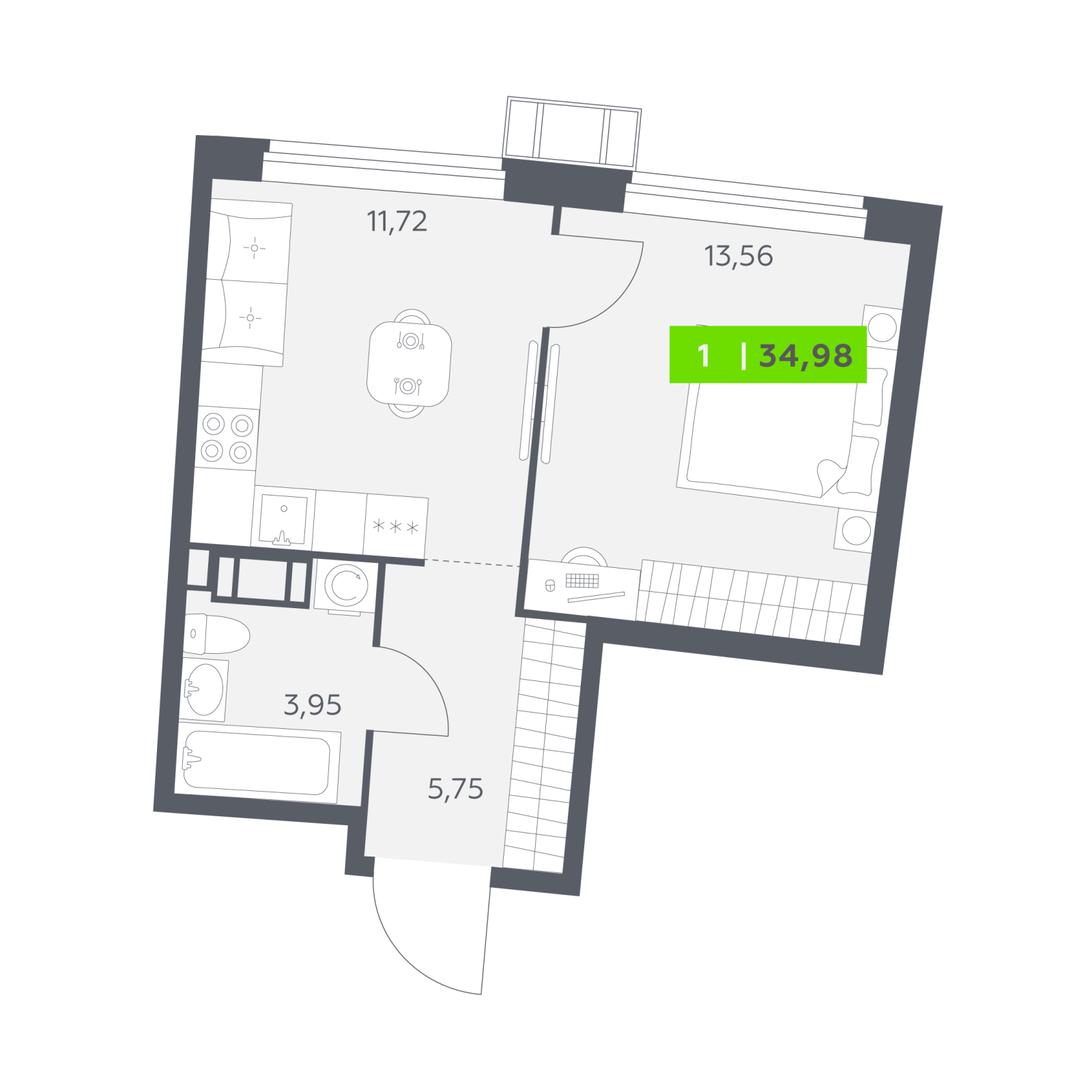 Планировка: 1-комнатная квартира, 35,0 м²