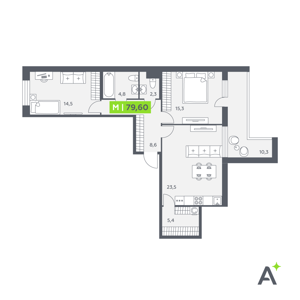 Планировка: 3-комнатная квартира, 79,6 м²
