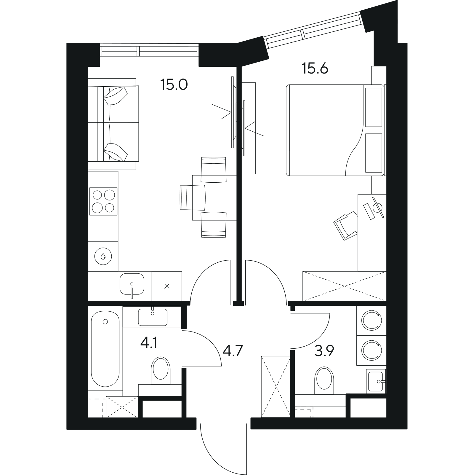 Планировка: 1-комнатная квартира, 43,3 м²