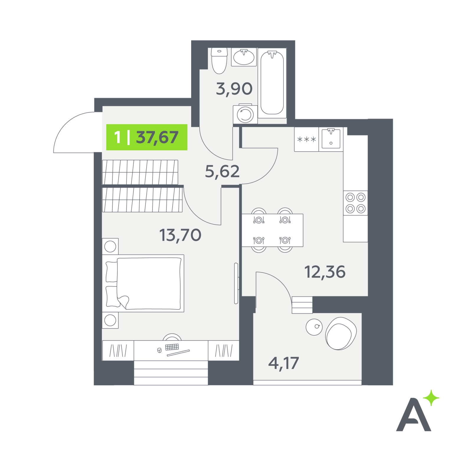 Планировка: 1-комнатная квартира, 37,7 м²