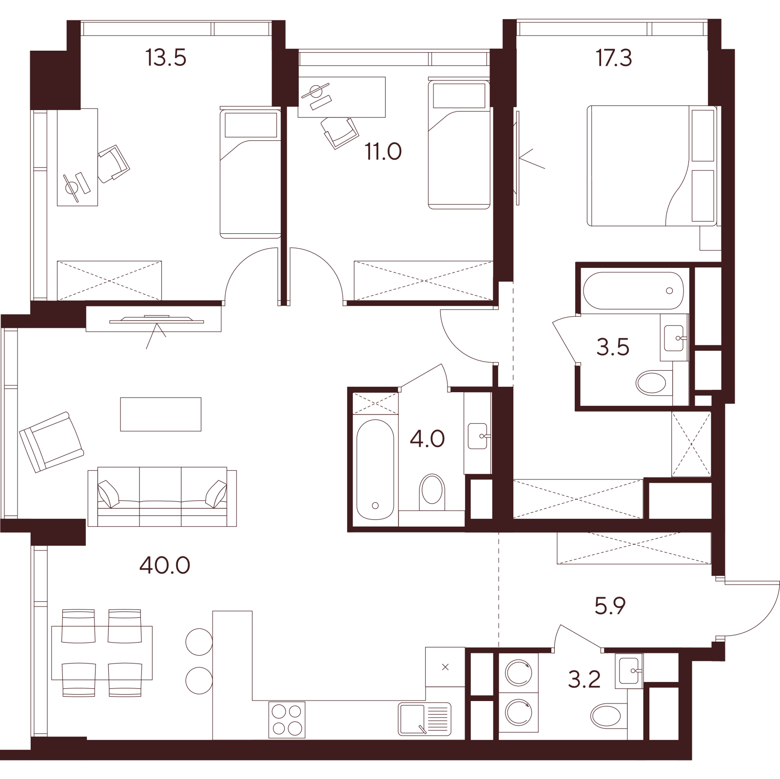 Планировка: 4-комнатная квартира, 98,4 м²