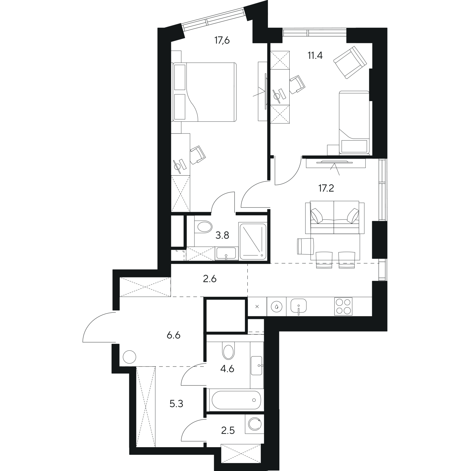 Планировка: 3-комнатная квартира, 71,6 м²