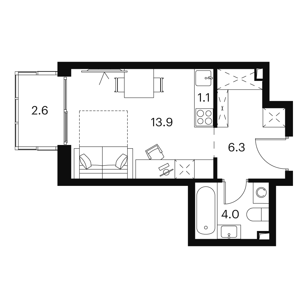 Планировка: студия, 27,9 м²