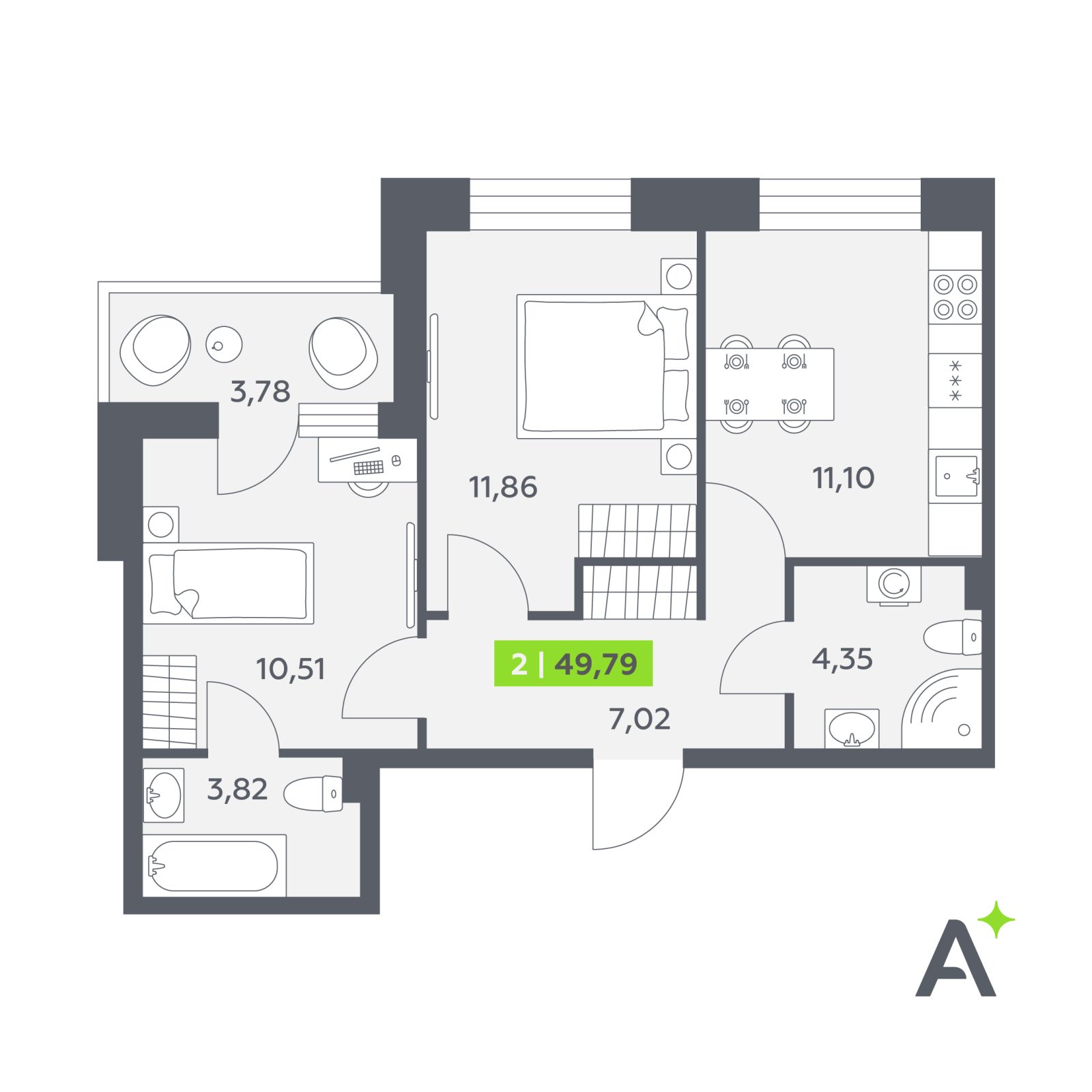 Планировка: 2-комнатная квартира, 49,8 м²