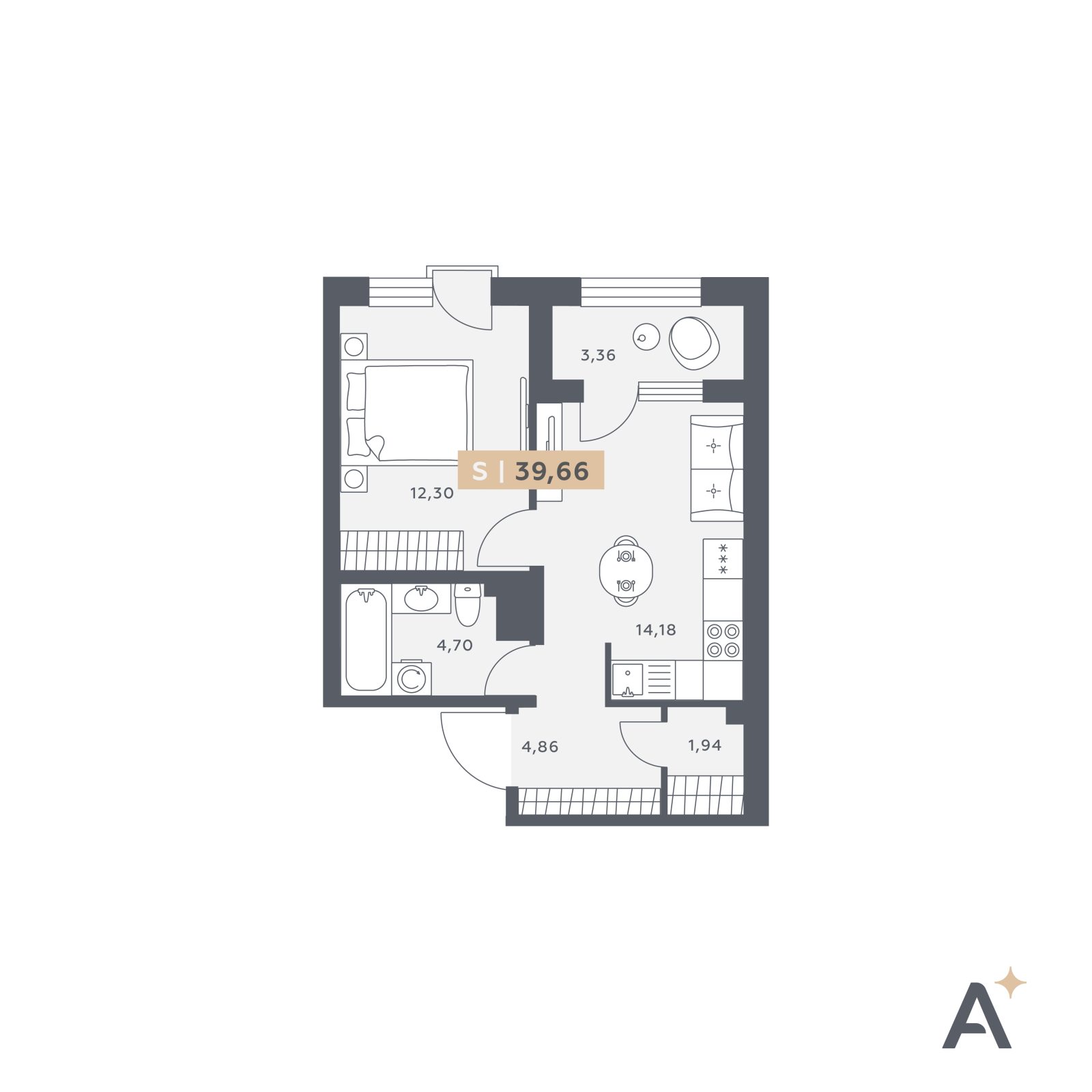Планировка: 2-комнатная квартира, 39,7 м²