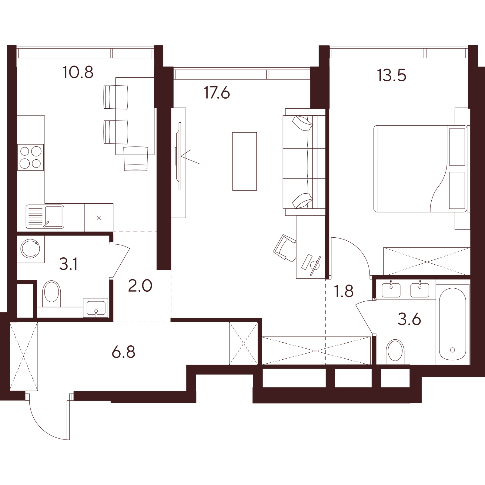 Планировка: 2-комнатная квартира, 59,2 м²
