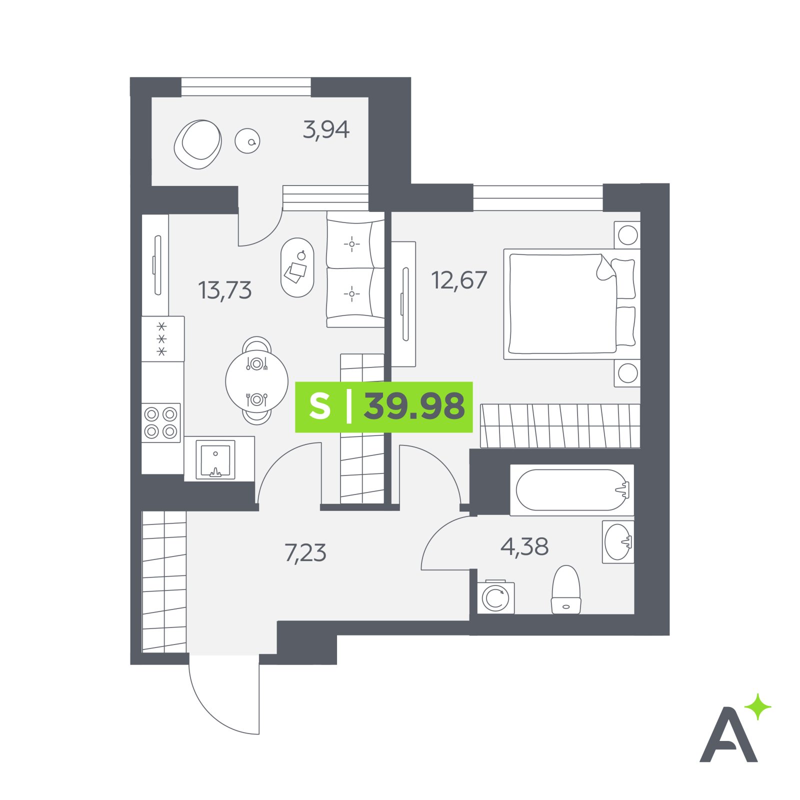 Планировка: 2-комнатная квартира, 40,0 м²