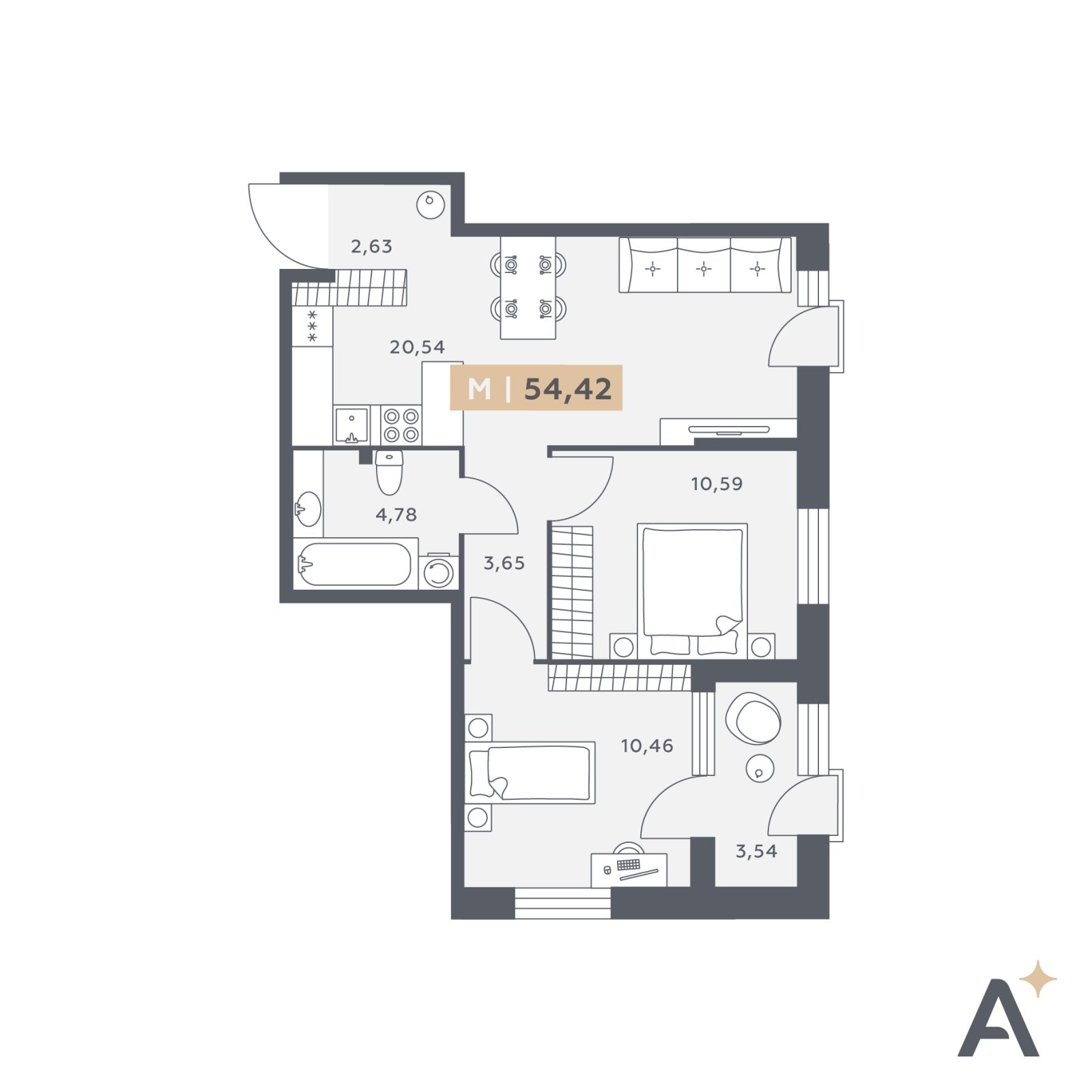 Планировка: 3-комнатная квартира, 54,4 м²