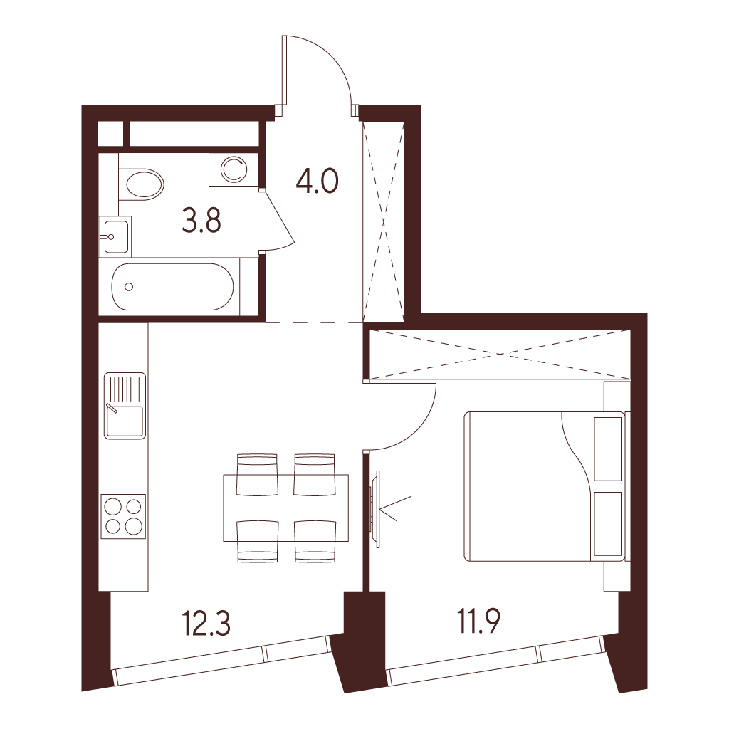 Планировка: 1-комнатная квартира, 32,0 м²