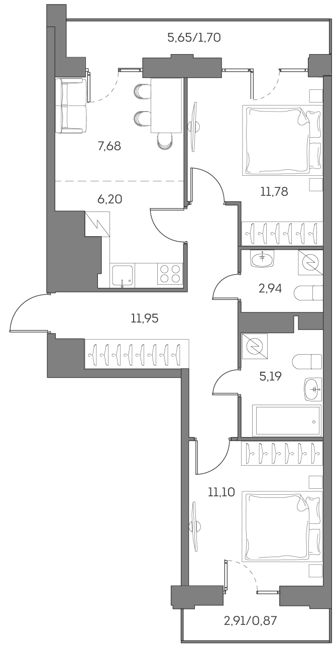 Планировка: 3-комнатная квартира, 59,4 м²