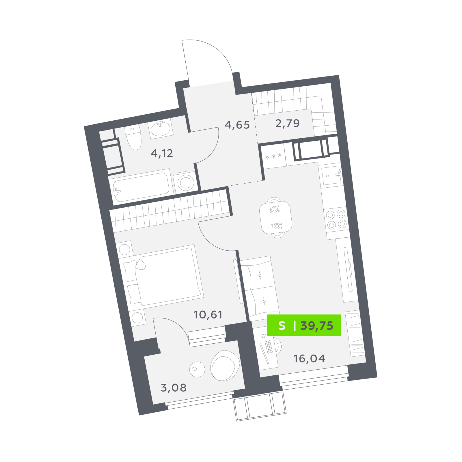 Планировка: 2-комнатная квартира, 39,8 м²