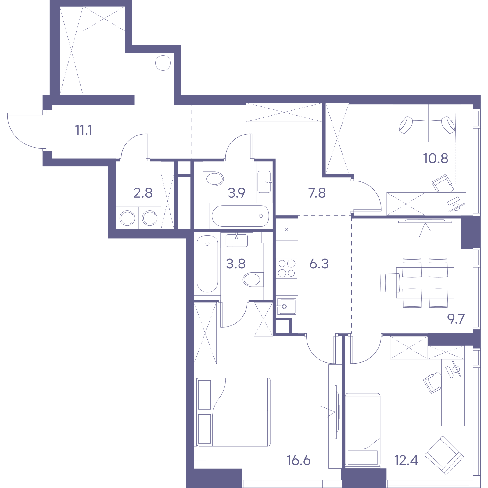 Планировка: 4-комнатная квартира, 85,2 м²