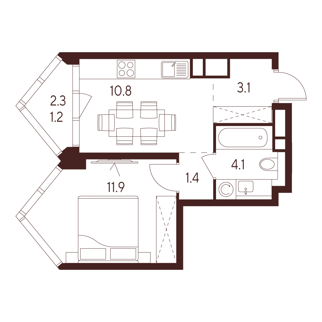 Планировка: 1-комнатная квартира, 32,5 м²