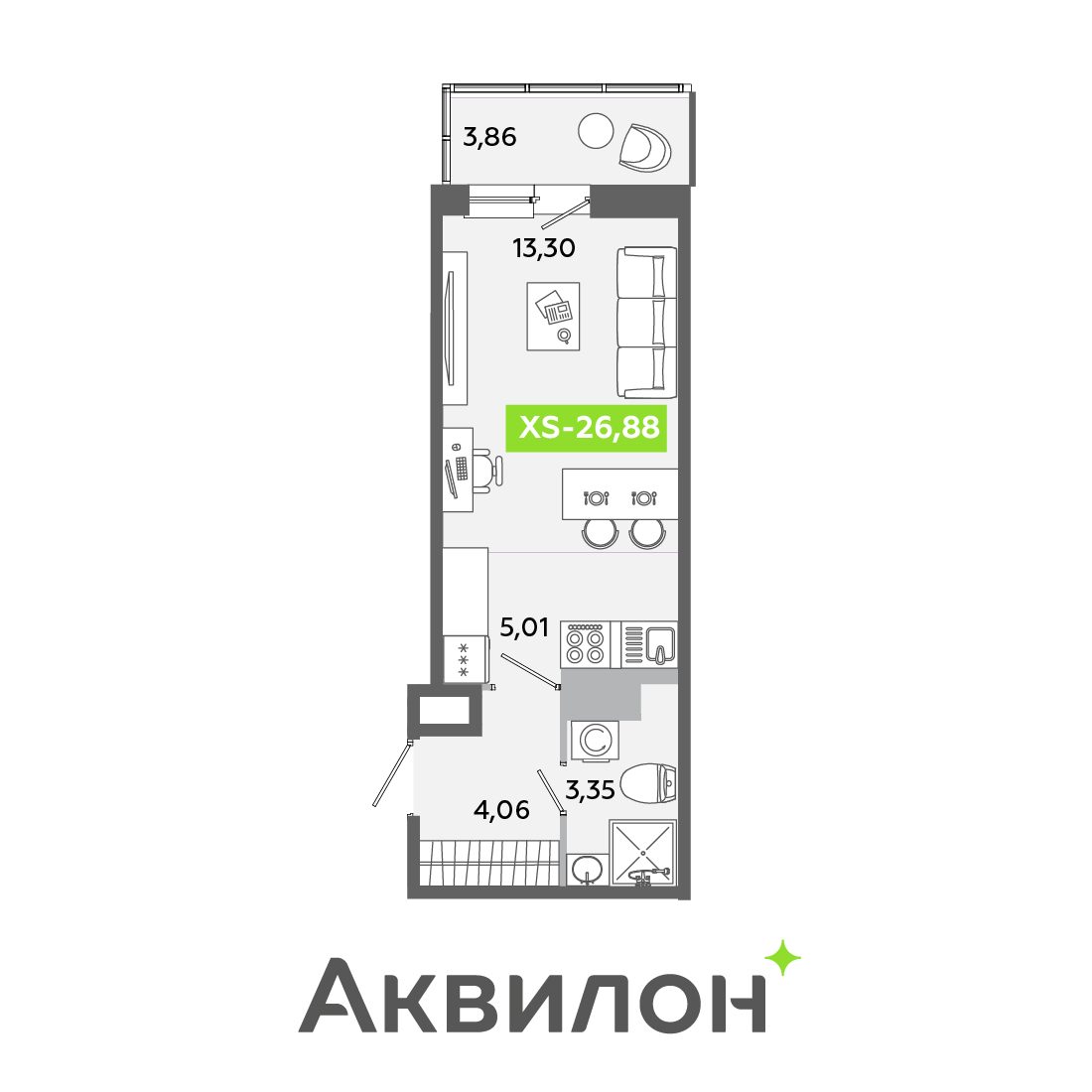 Планировка: студия, 26,9 м²