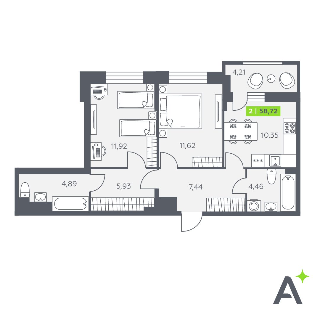 Планировка: 2-комнатная квартира, 58,7 м²