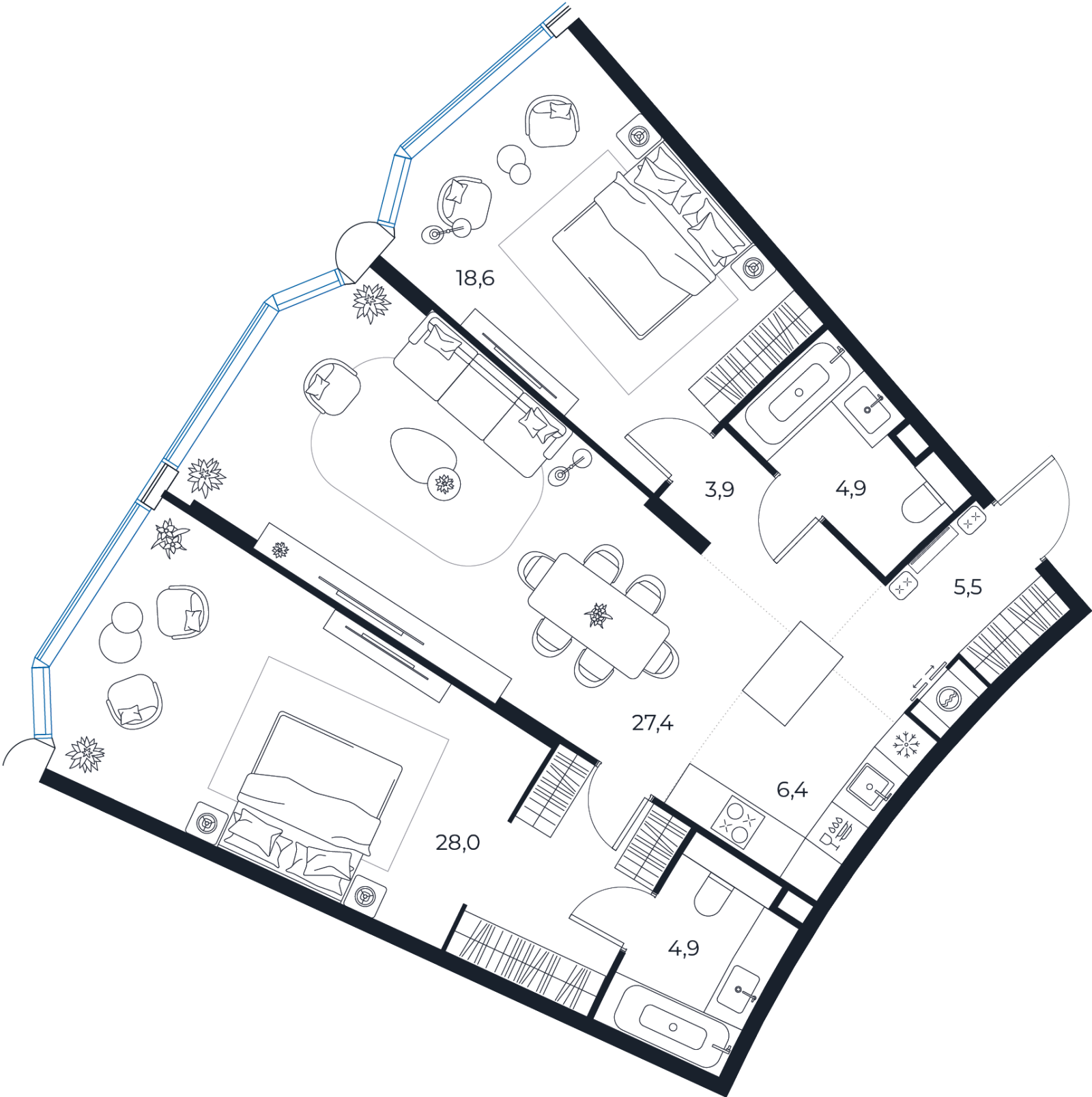 Планировка: 2-комнатная квартира, 99,5 м²