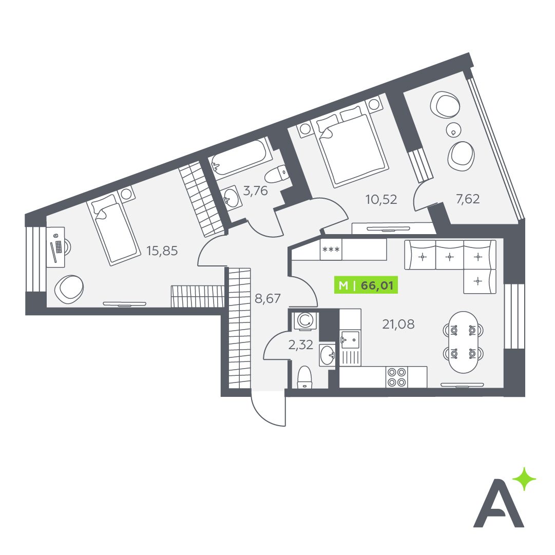 Планировка: 3-комнатная квартира, 66,0 м²