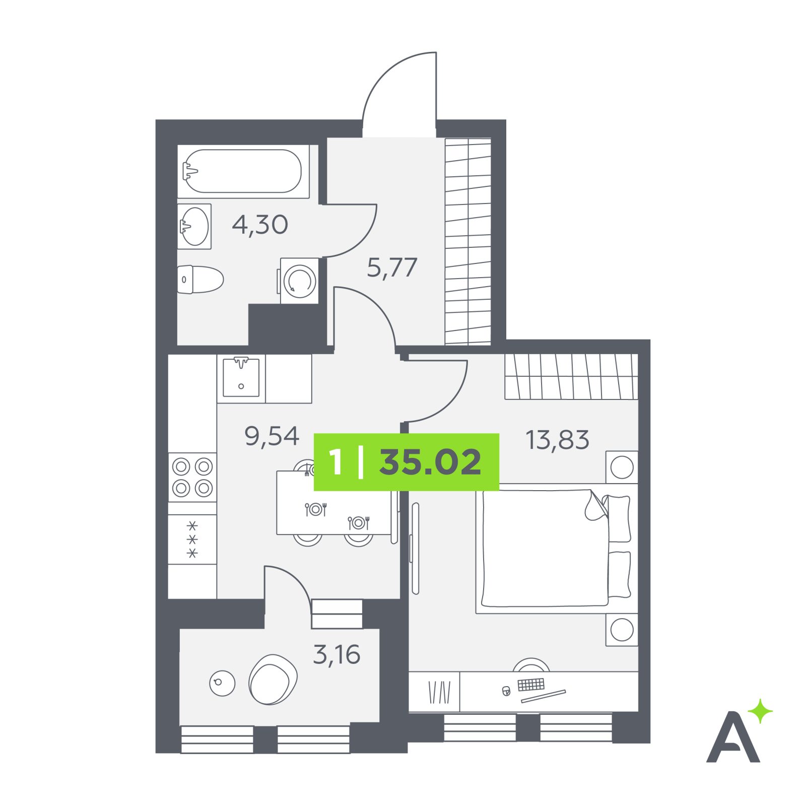 Планировка: 1-комнатная квартира, 35,0 м²