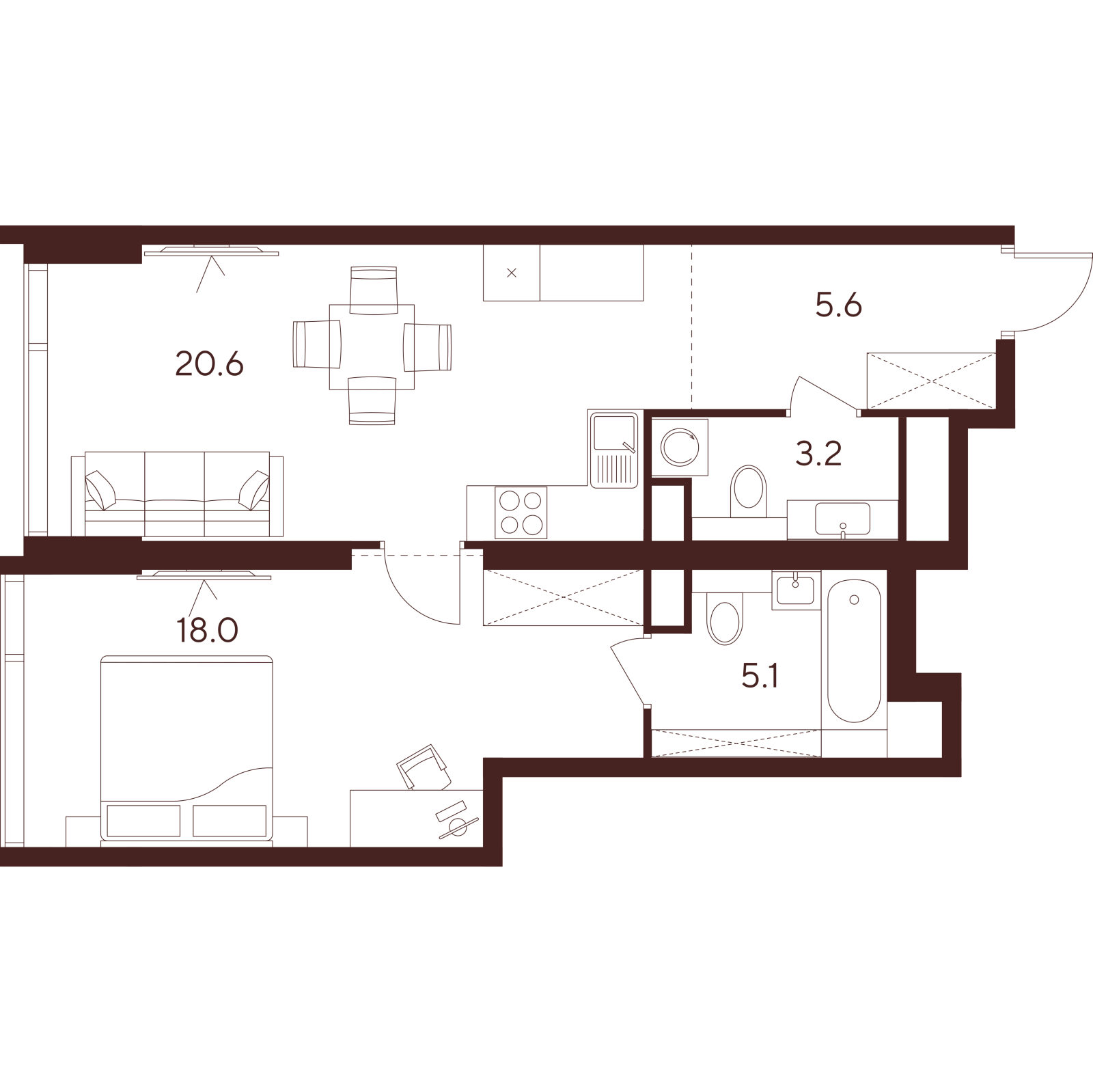 Планировка: 2-комнатная квартира, 52,5 м²