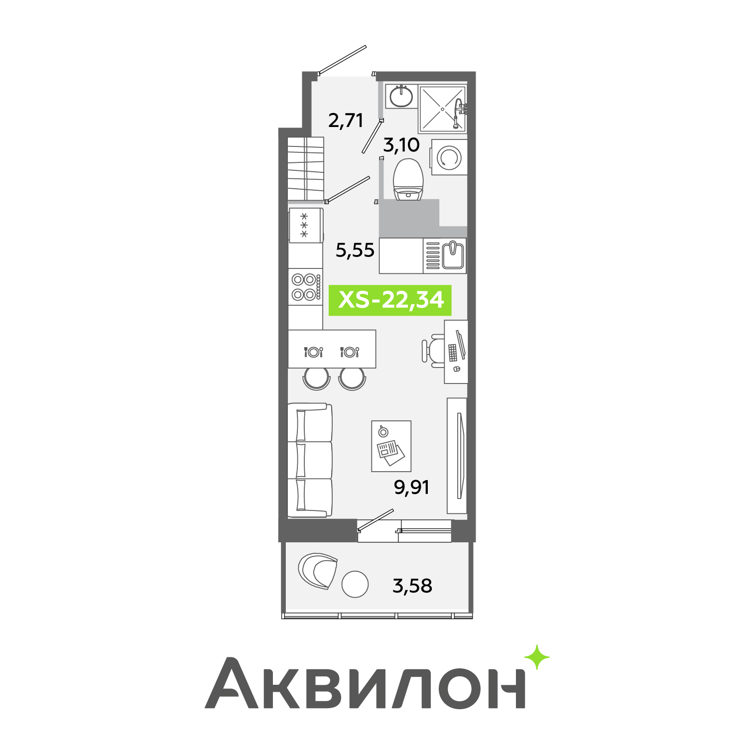 Планировка: студия, 22,3 м²