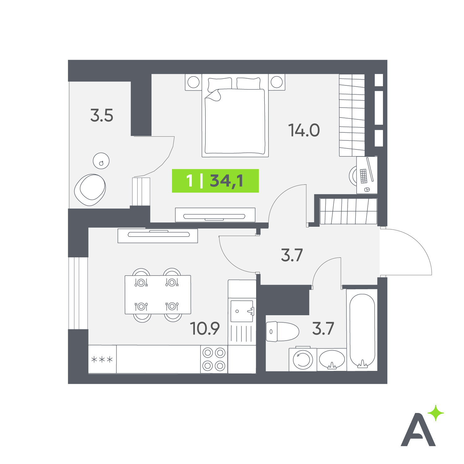 Планировка: 1-комнатная квартира, 34,1 м²