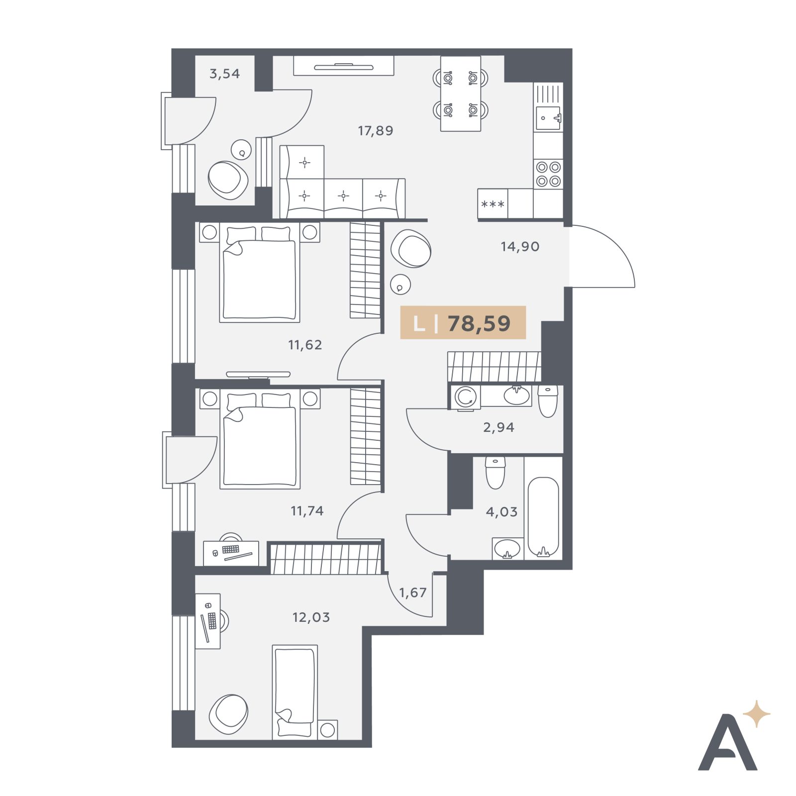 Планировка: 4-комнатная квартира, 78,6 м²
