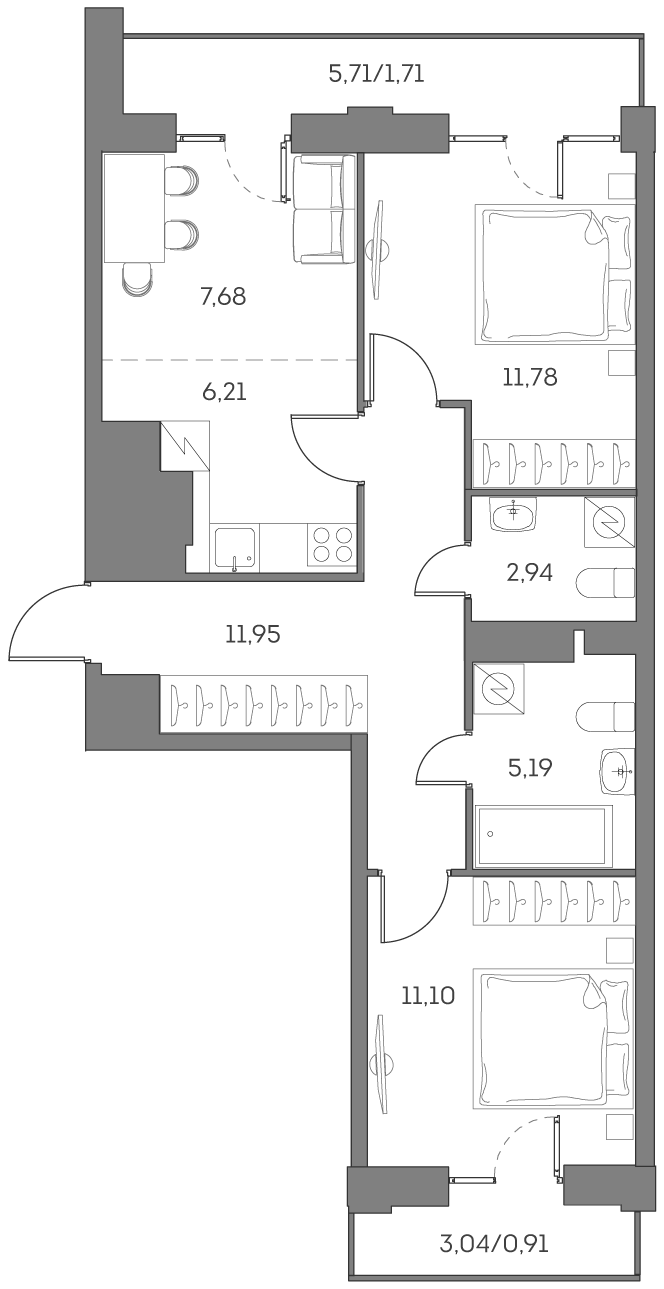 Планировка: 3-комнатная квартира, 59,5 м²