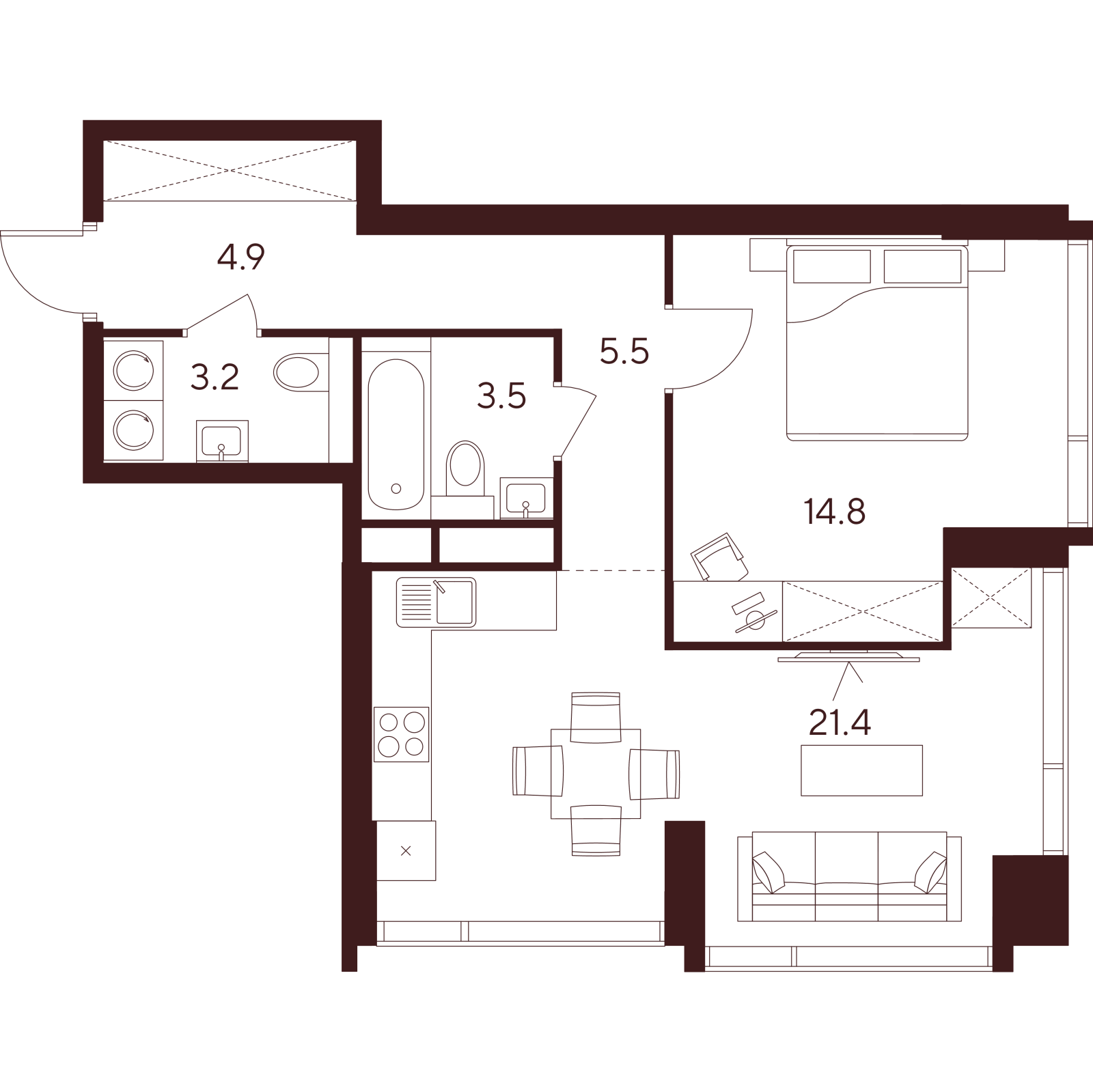 Планировка: 2-комнатная квартира, 53,3 м²