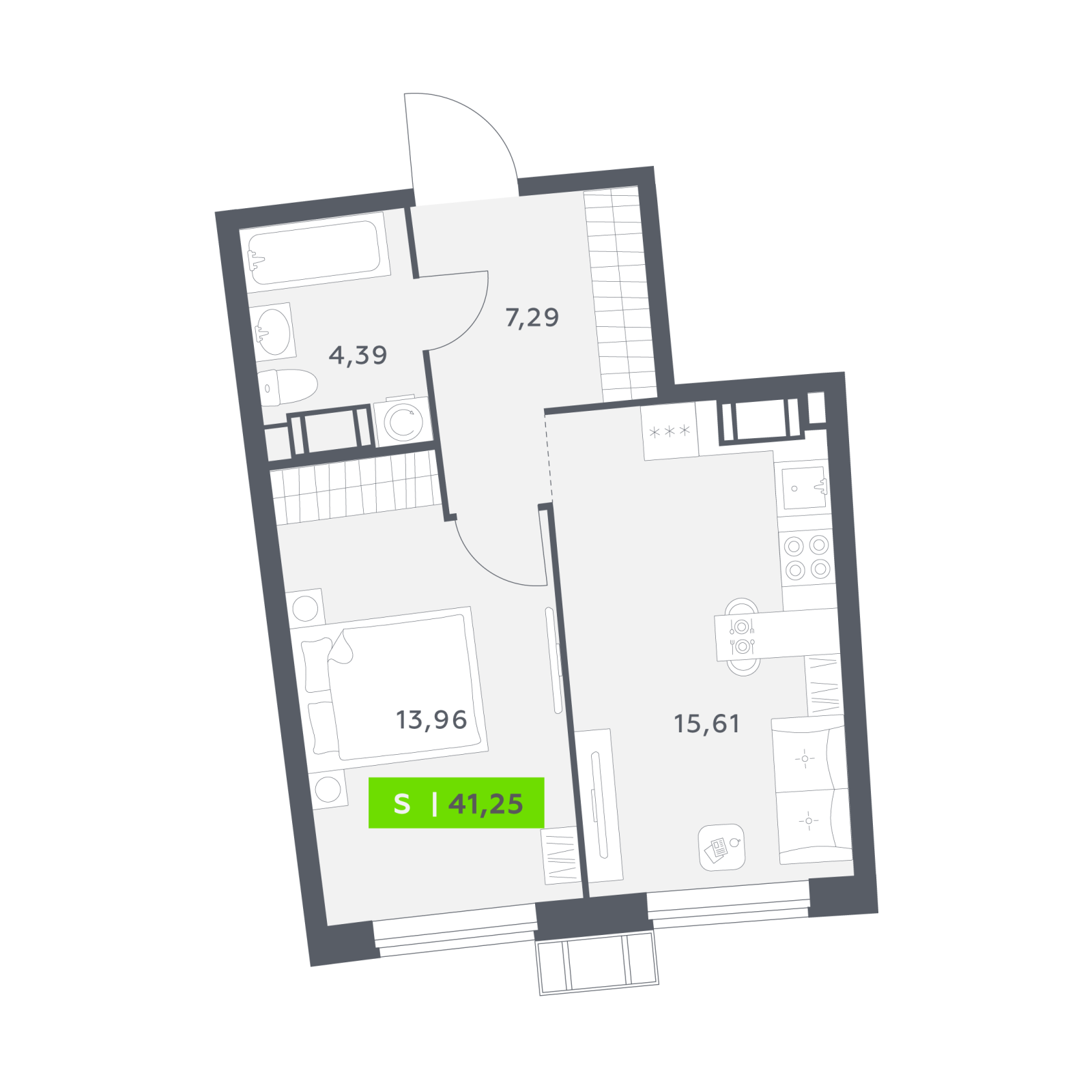 Планировка: 2-комнатная квартира, 41,3 м²