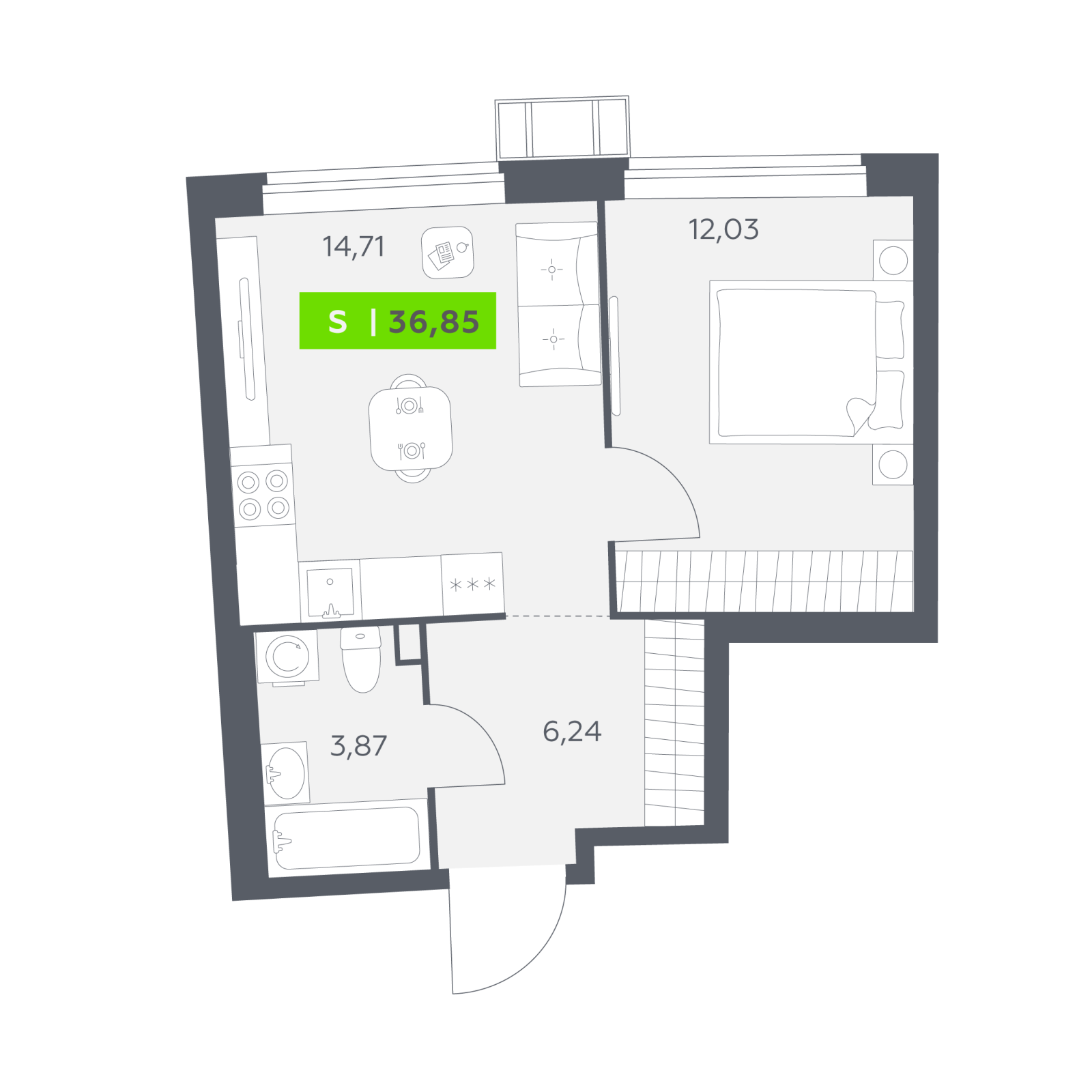 Планировка: 2-комнатная квартира, 36,9 м²