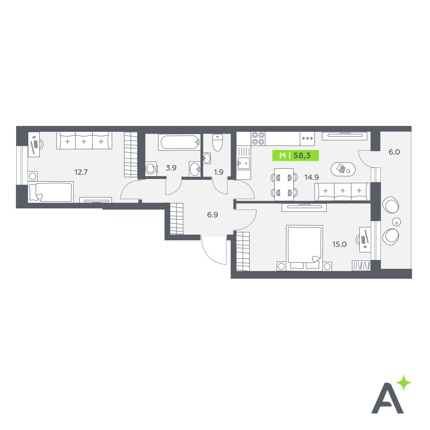 Планировка: 3-комнатная квартира, 58,3 м²