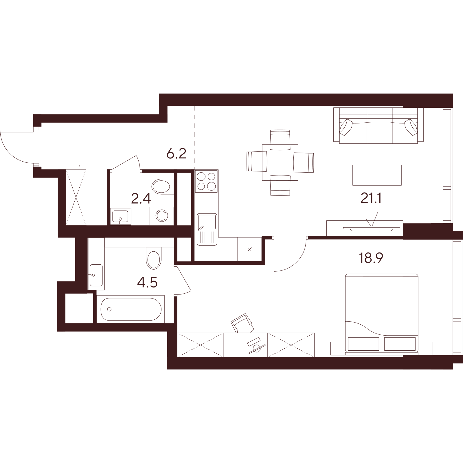 Планировка: 2-комнатная квартира, 53,1 м²