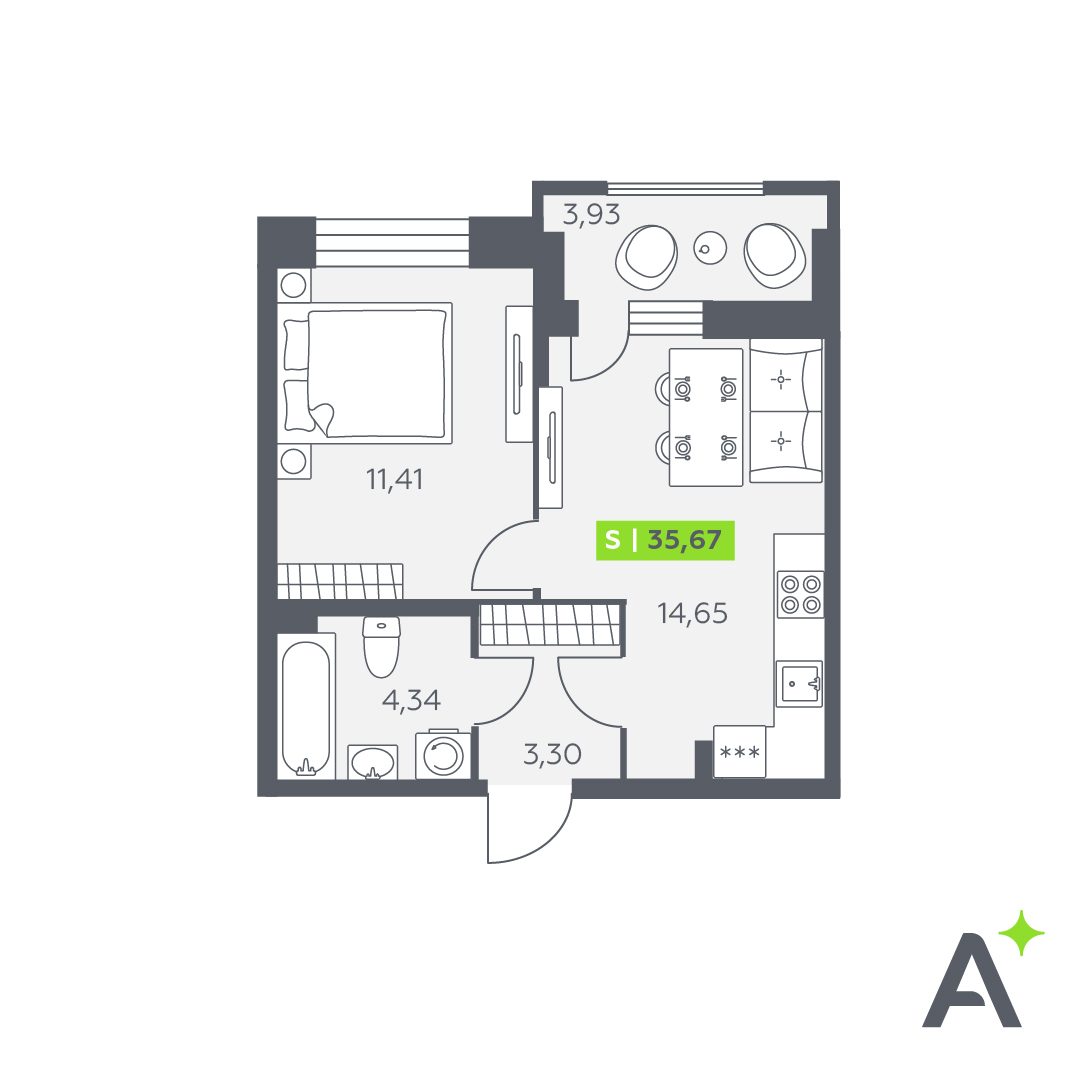 Планировка: 2-комнатная квартира, 35,7 м²