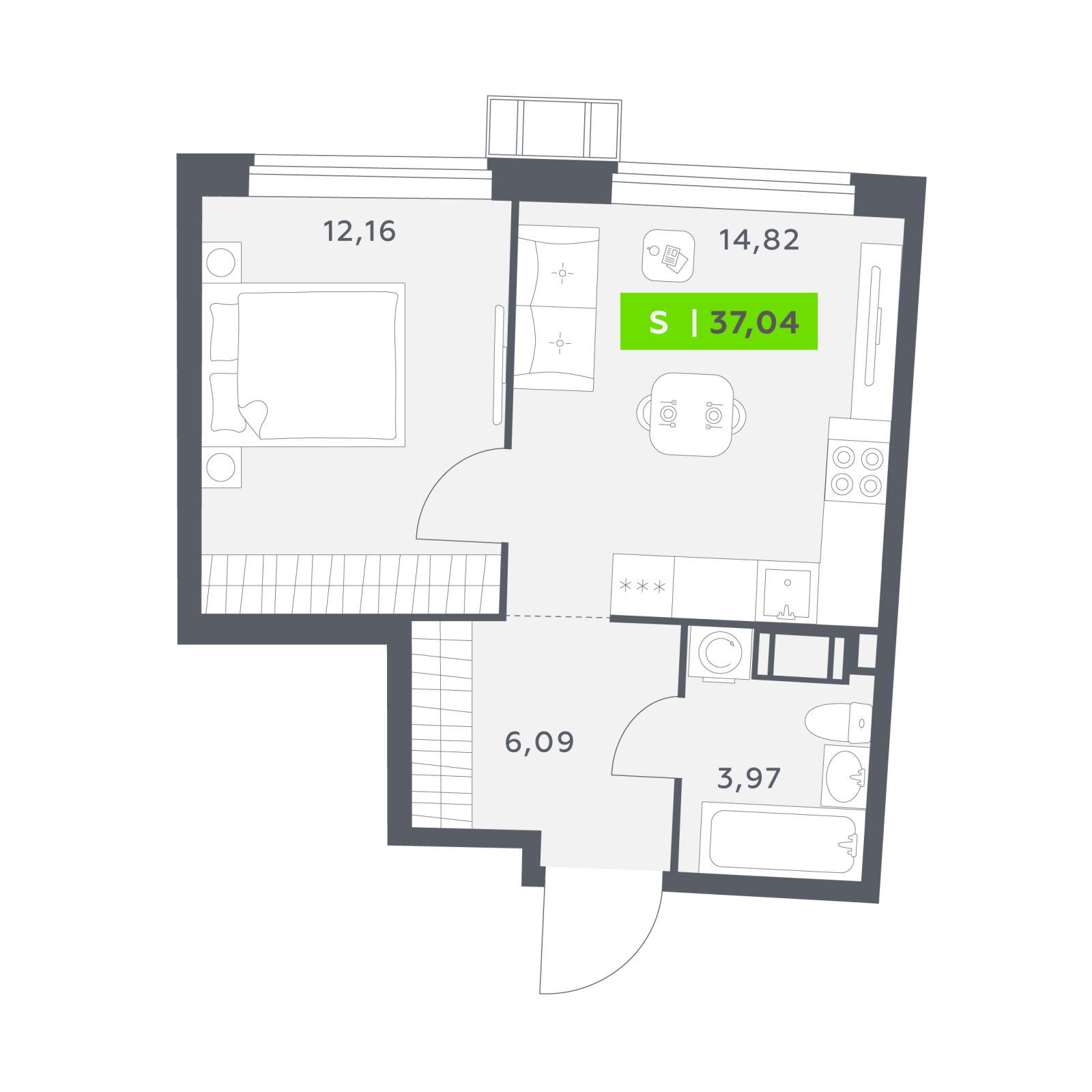 Планировка: 2-комнатная квартира, 37,0 м²