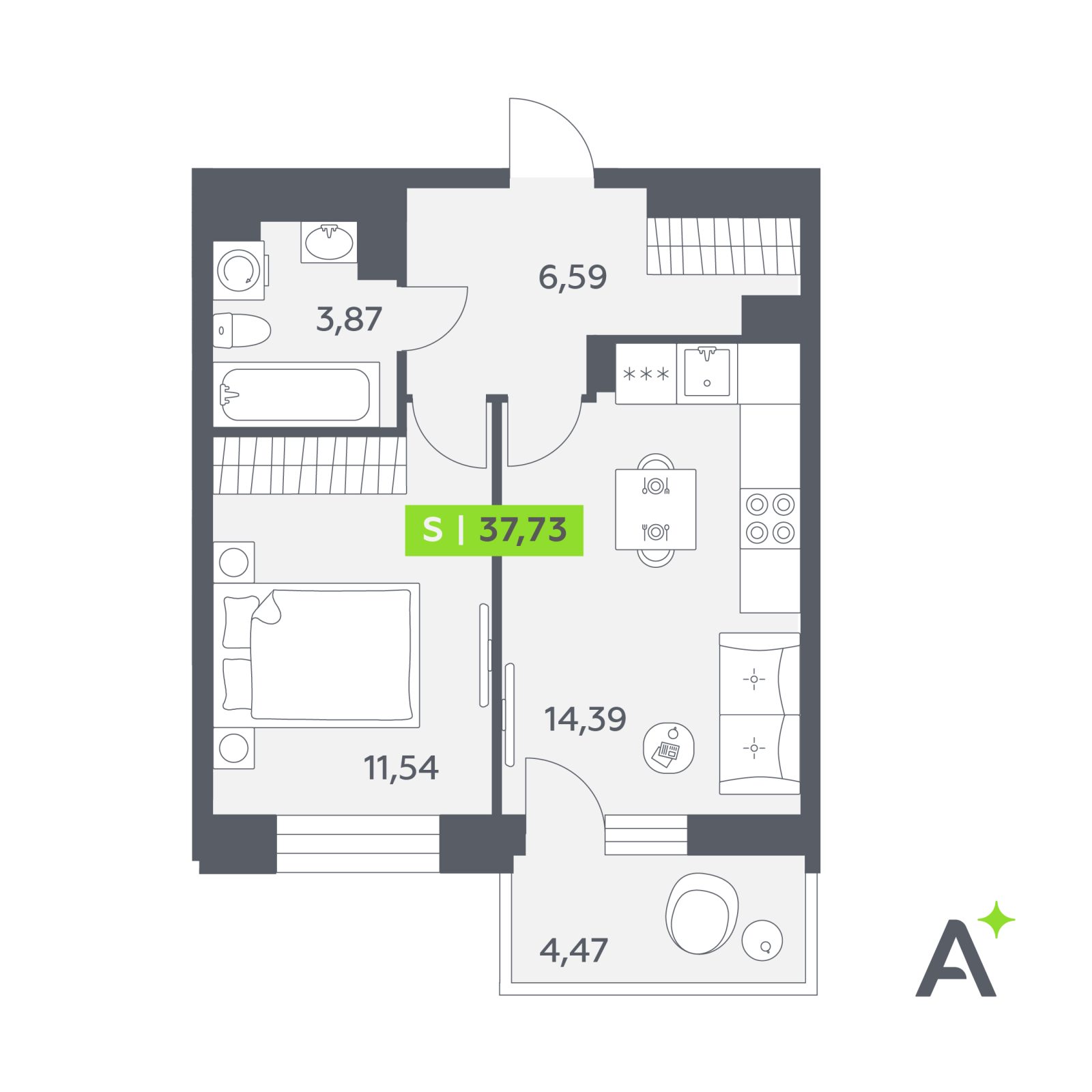 Планировка: 2-комнатная квартира, 37,7 м²