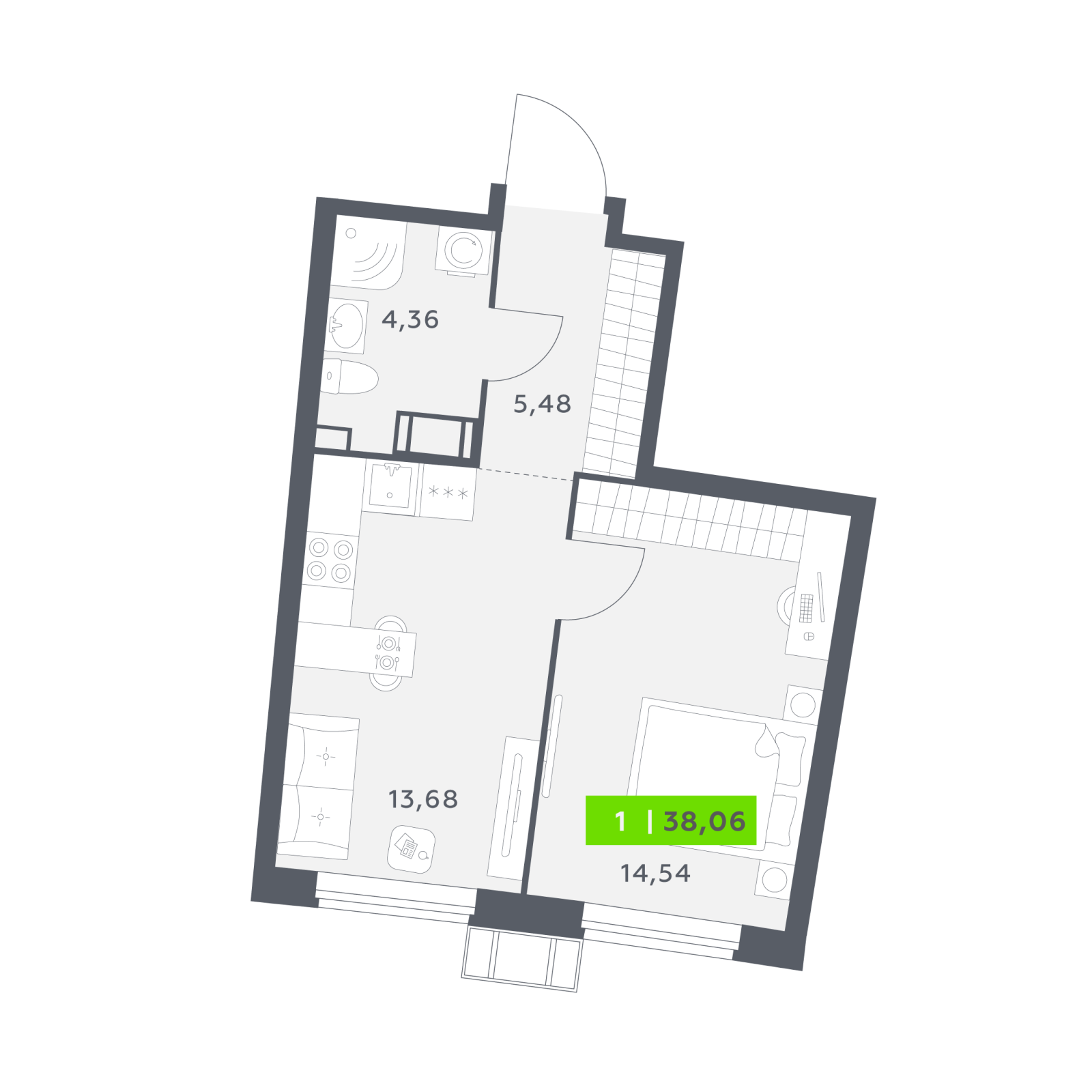 Планировка: 1-комнатная квартира, 38,1 м²