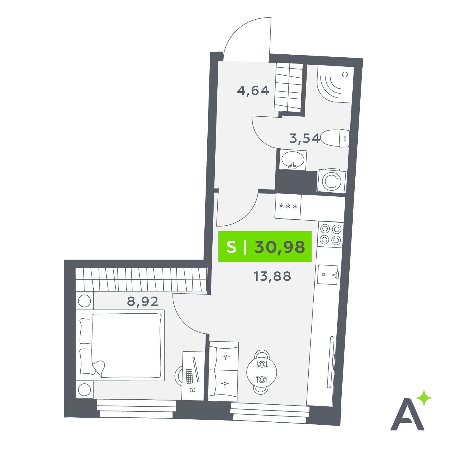 Планировка: 2-комнатная квартира, 31,0 м²