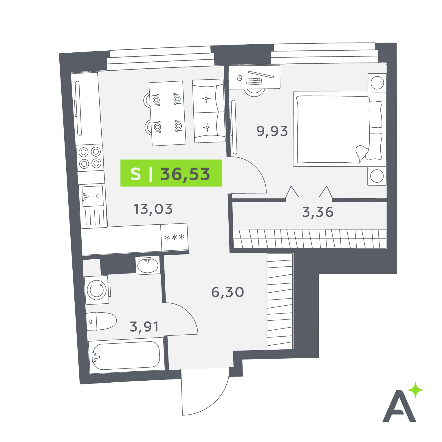 Планировка: 2-комнатная квартира, 36,5 м²