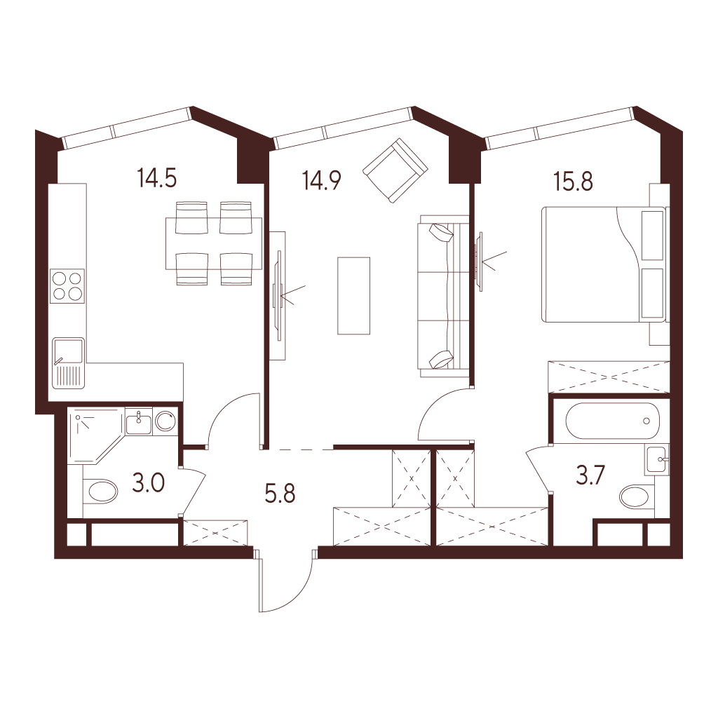 Планировка: 2-комнатная квартира, 57,7 м²