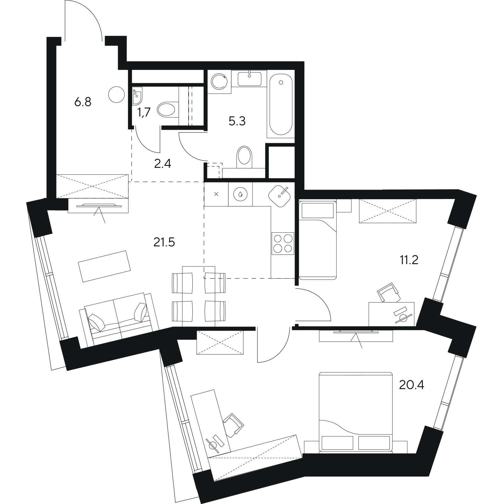 Планировка: 3-комнатная квартира, 69,3 м²