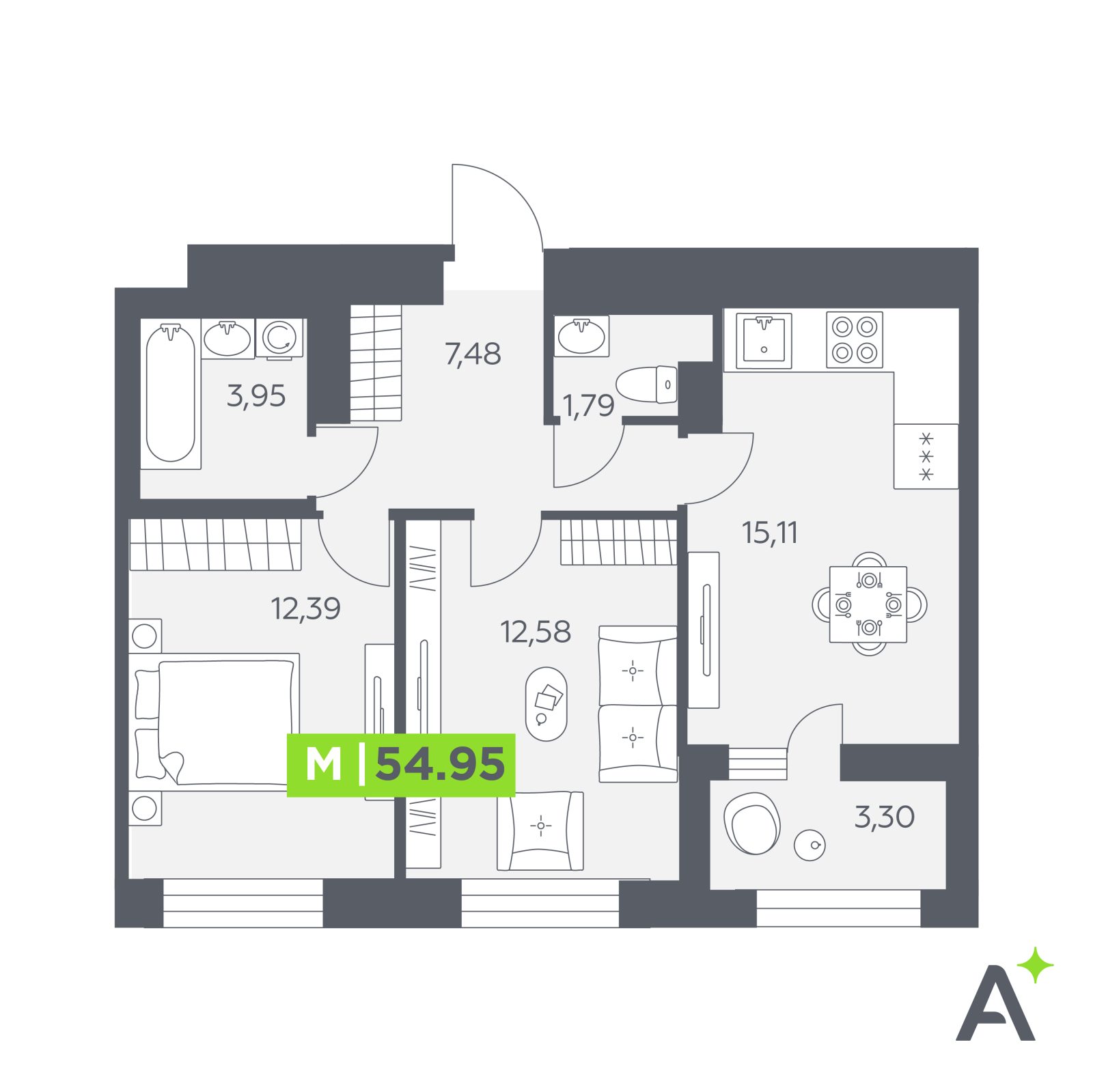 Планировка: 3-комнатная квартира, 55,0 м²