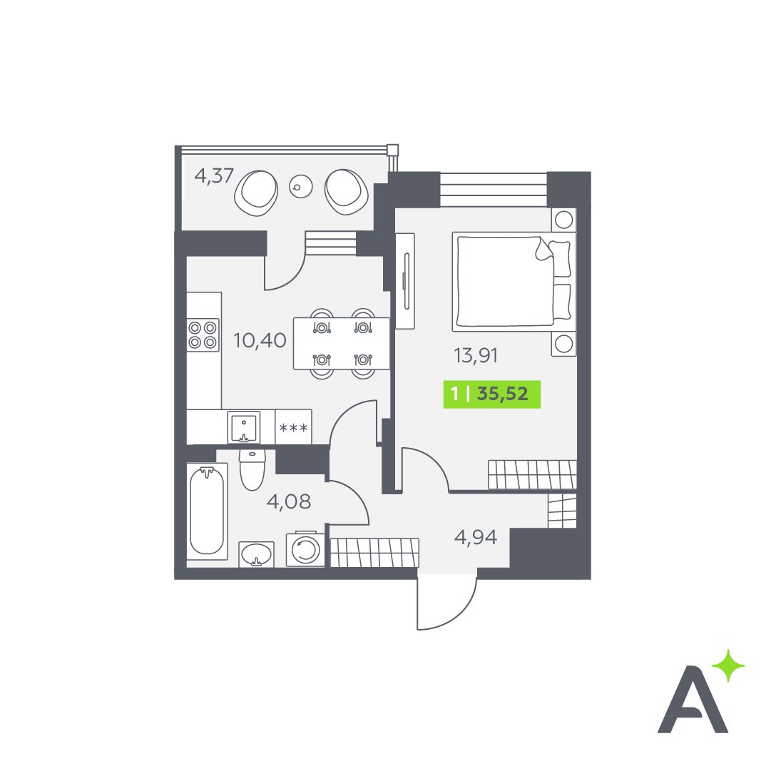 Планировка: 1-комнатная квартира, 35,5 м²