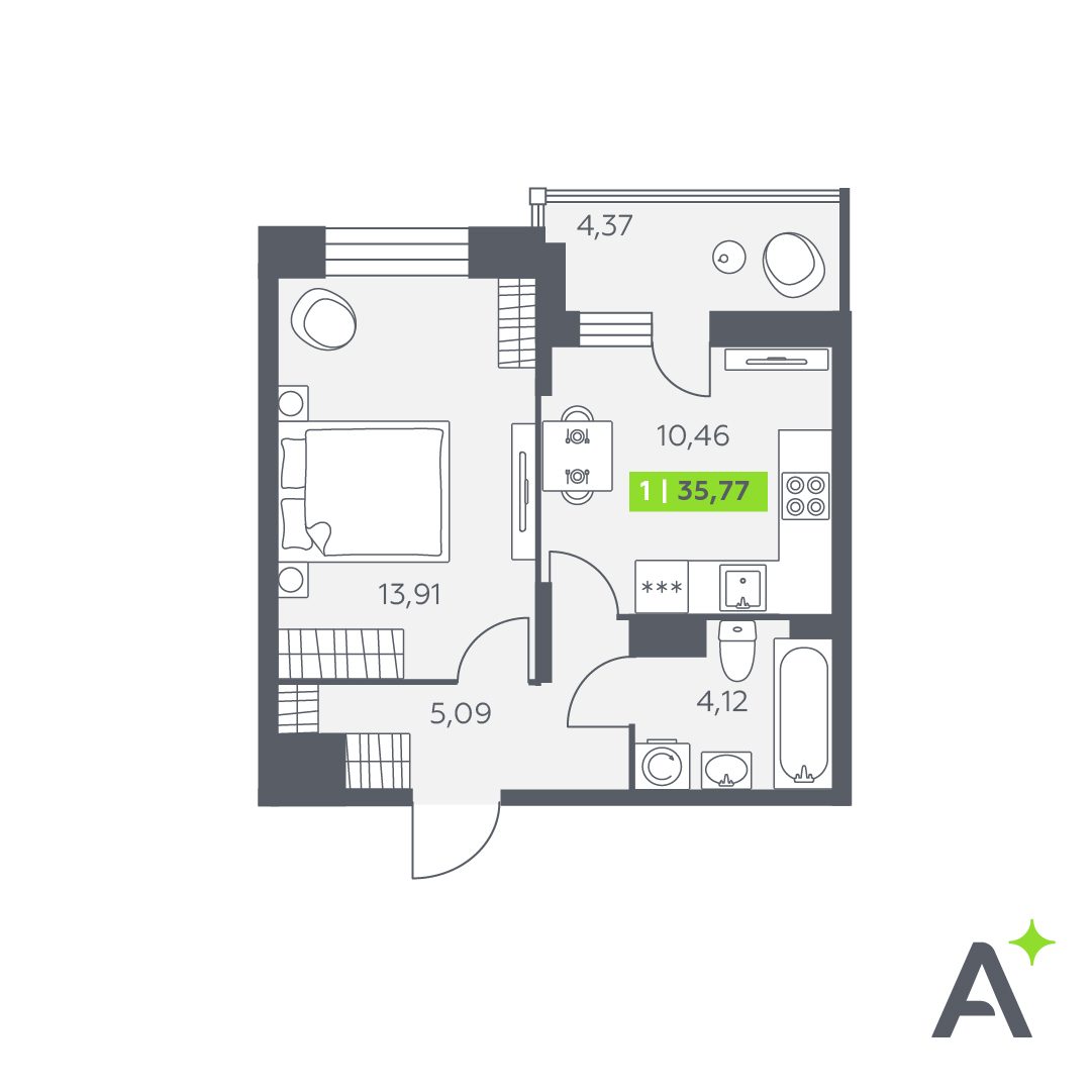 Планировка: 1-комнатная квартира, 35,8 м²