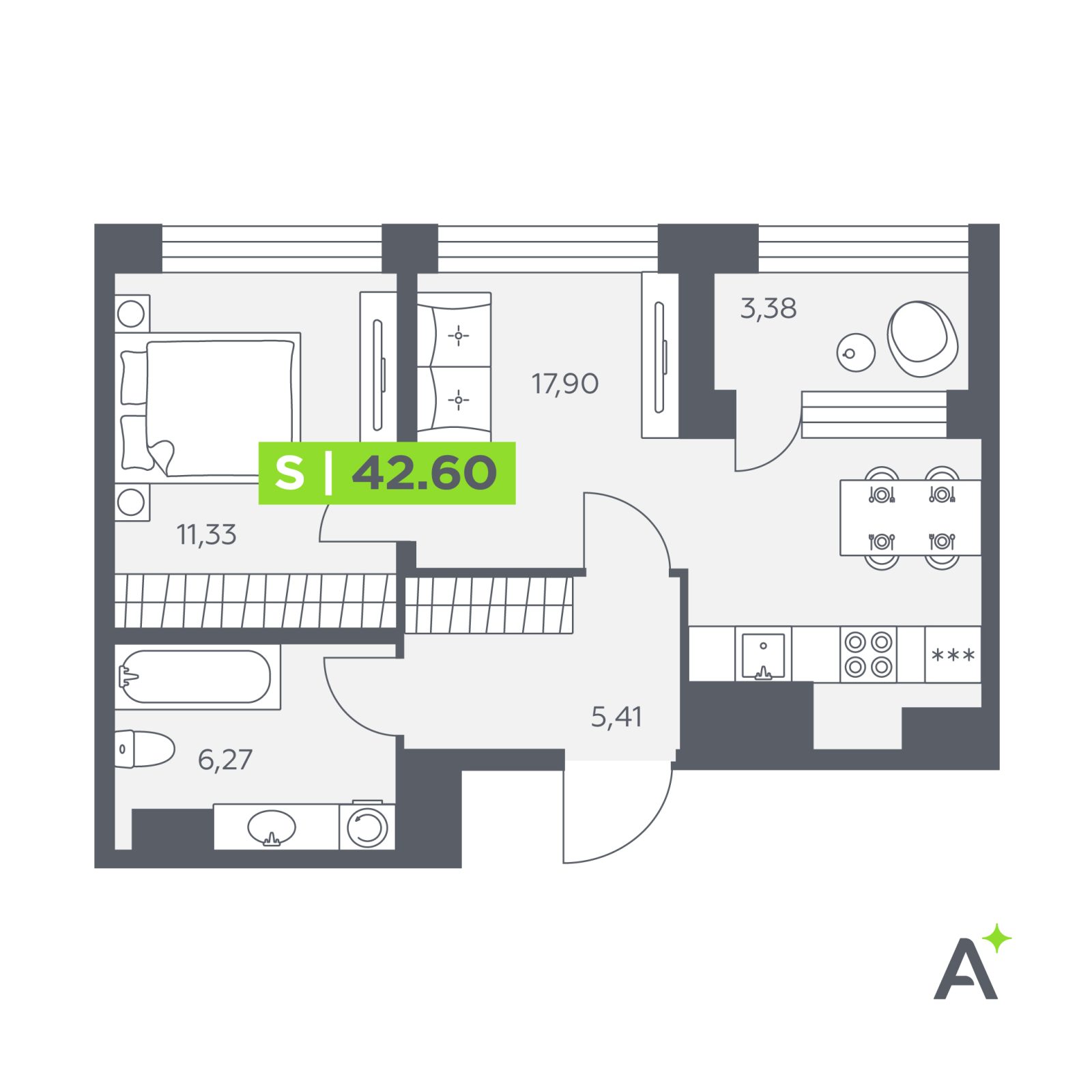 Планировка: 2-комнатная квартира, 42,6 м²