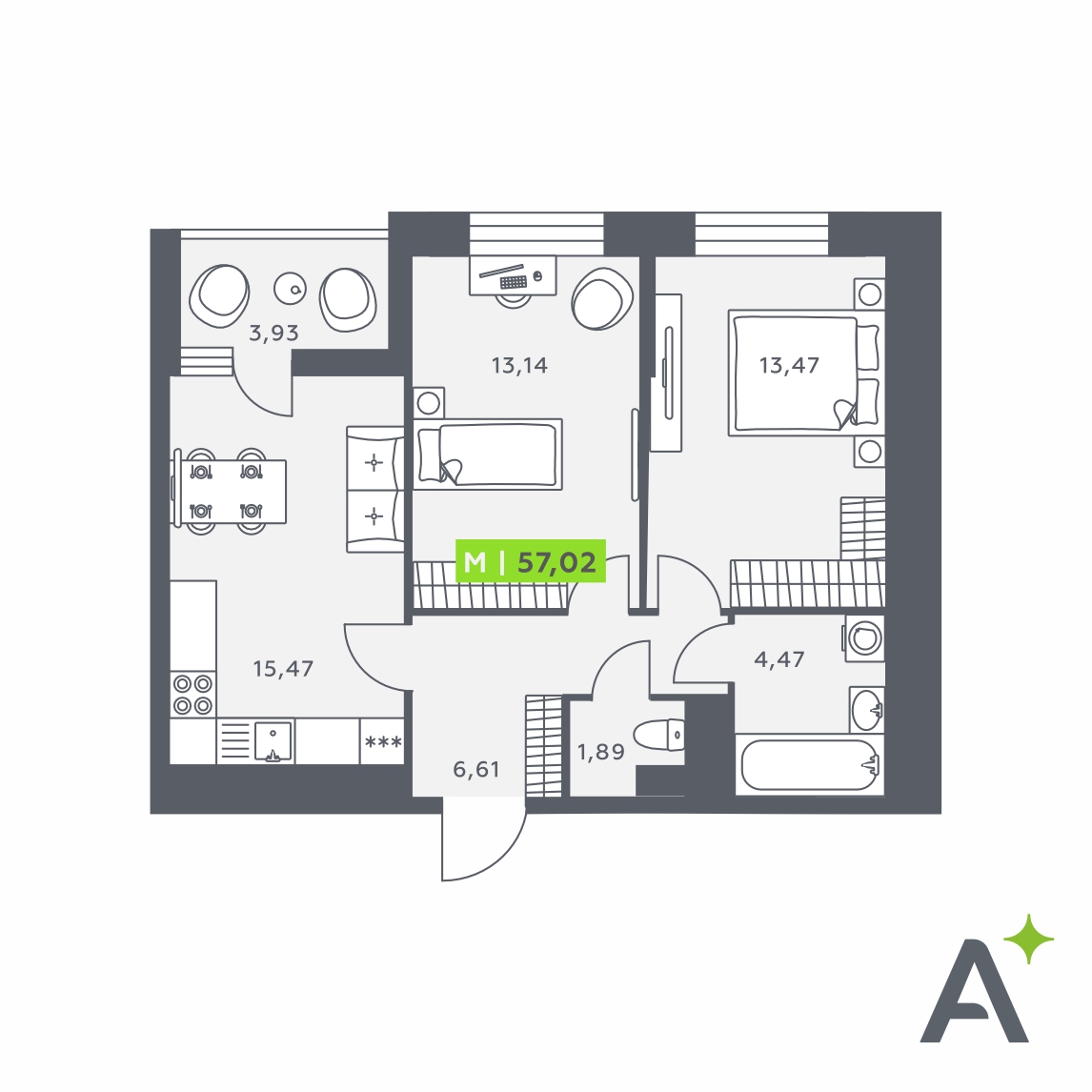 Планировка: 3-комнатная квартира, 57,0 м²