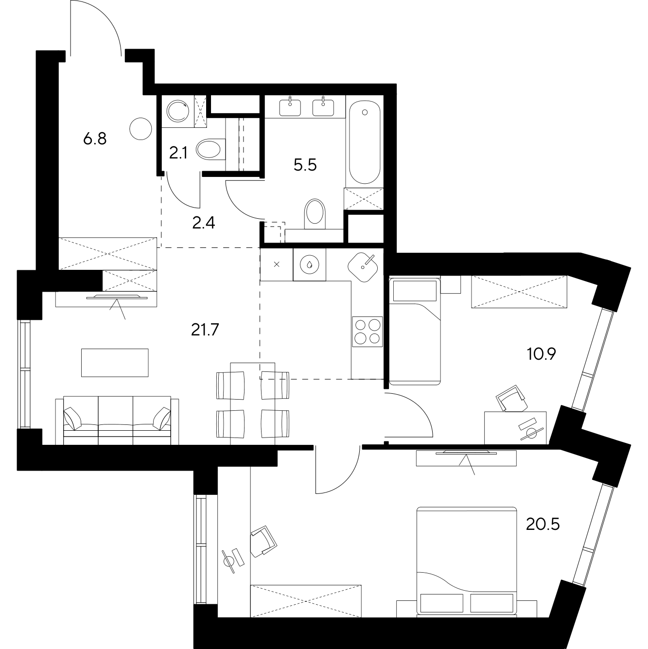 Планировка: 3-комнатная квартира, 69,9 м²