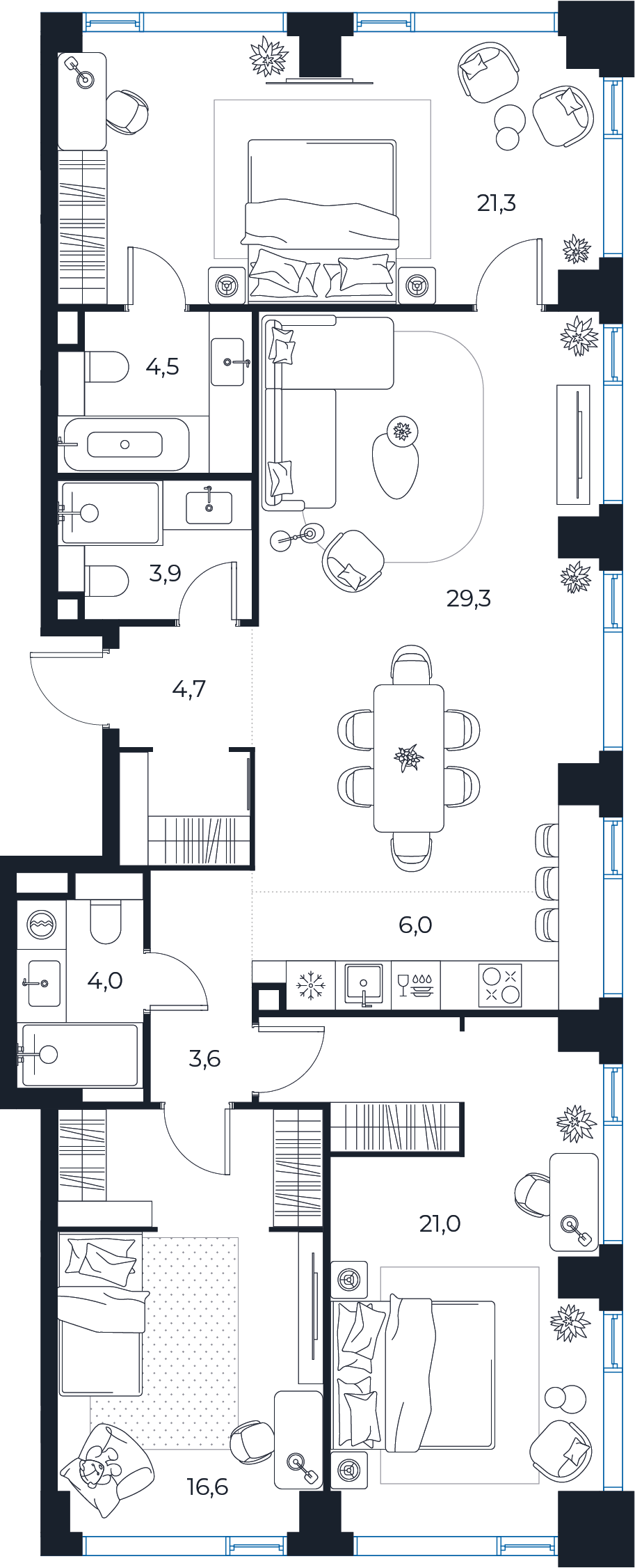 Планировка: 3-комнатная квартира, 114,9 м²